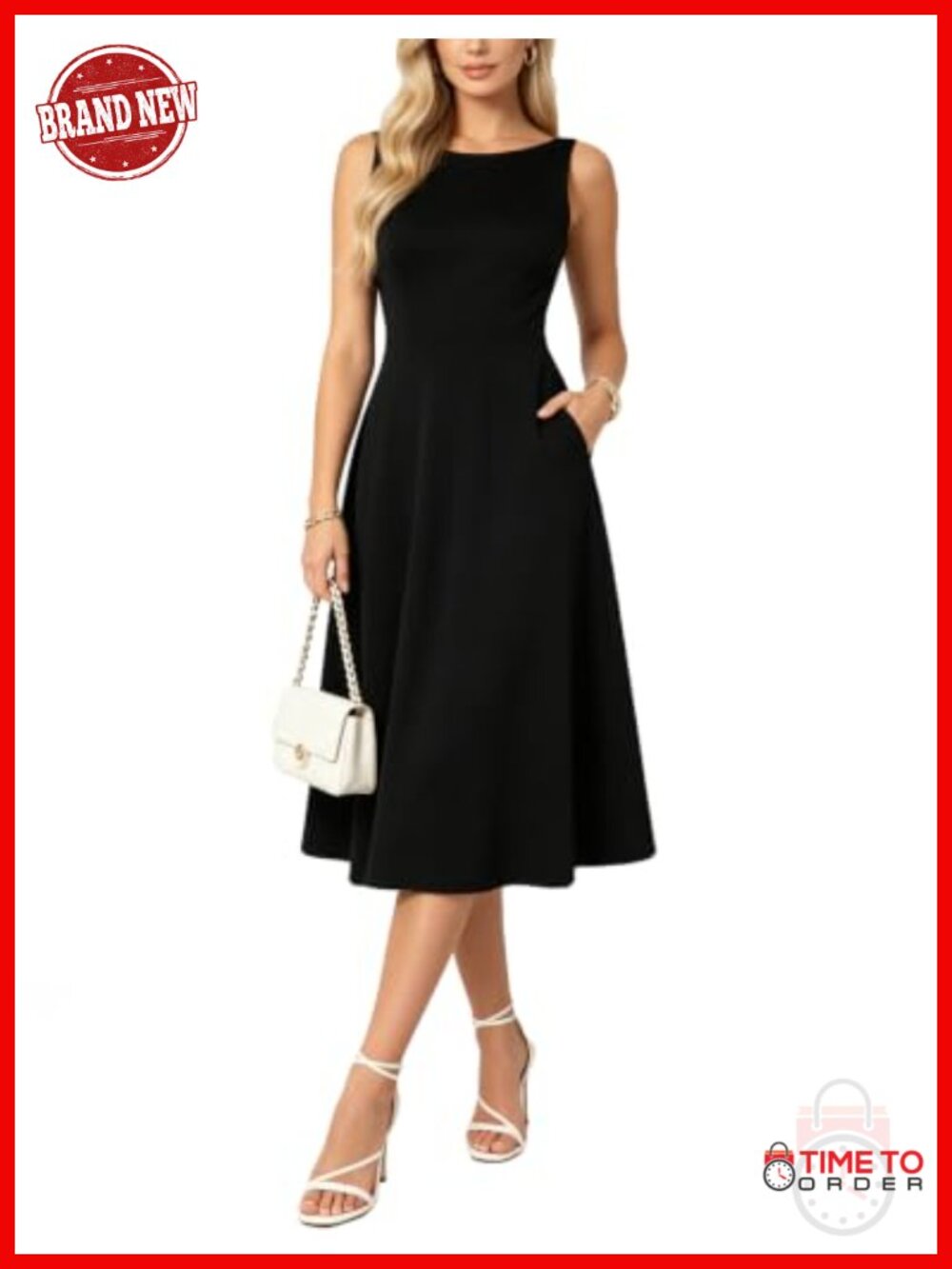 Sleeveless Boat Neck Midi Cocktail Dress A-Line Formal Party